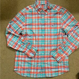 Vineyard Vines On the Go Performance Men's Red-Orange and Turquoise Plaid Shirt